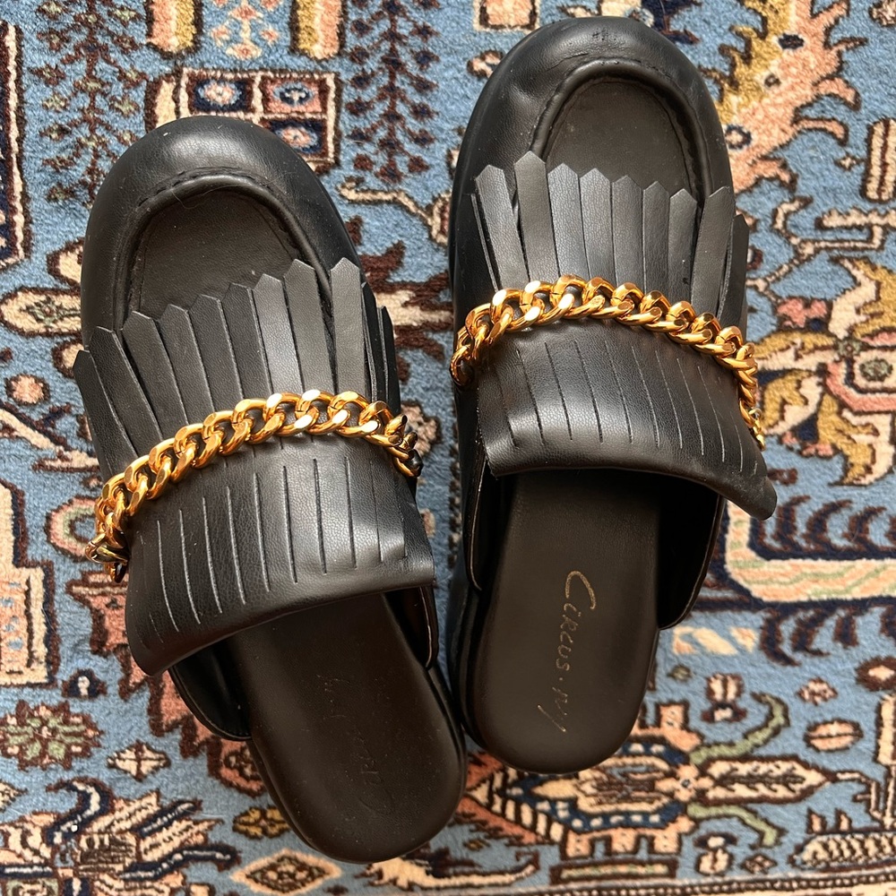 Black and Gold Mules with Chain Detail